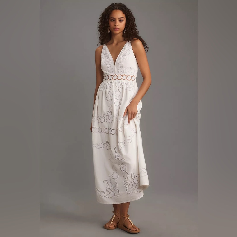 Vineet Bahl Sleeveless V-Neck Floral Cutwork Midi Dress (Size Extra Small)